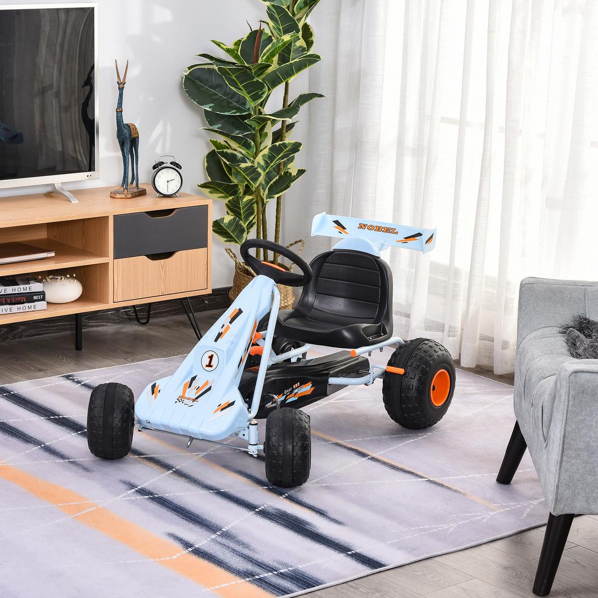 GO Kart Mit Pedal Kinderfahrzeug Tretauto mit Pedal ab 3 Jahre Stahl Hellblau - Hellblau, Metall (97/66/59cm) - HOMCOM