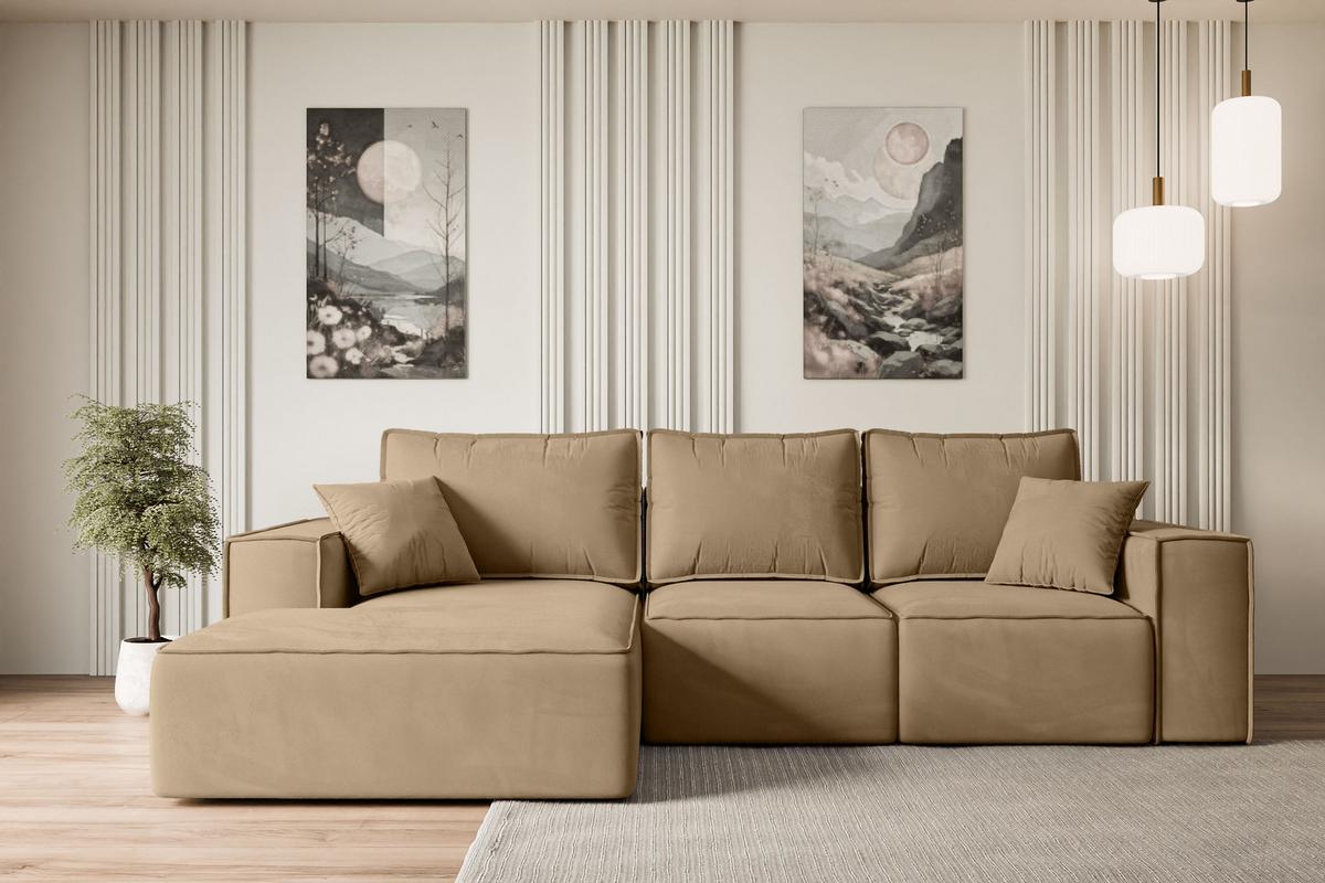 ECKSOFA mit Schlaffunktion und Bettkasten SERRA-L-S - 266x161x87 cm Beige Velours - Beige/Schwarz, Holzwerkstoff/Kunststoff (266/161cm) - ALTDECOR