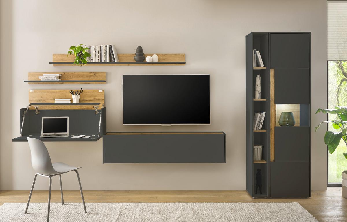 AKTENSCHRANK Set 2-teilig Grau, Eiche Wotan, Regal-Vitrine-Kombination mit 5 Ordnerhöhen - Eichefarben/Eiche Wotan, Holz/Holzwerkstoff (70/200/40cm) - Furn.Design