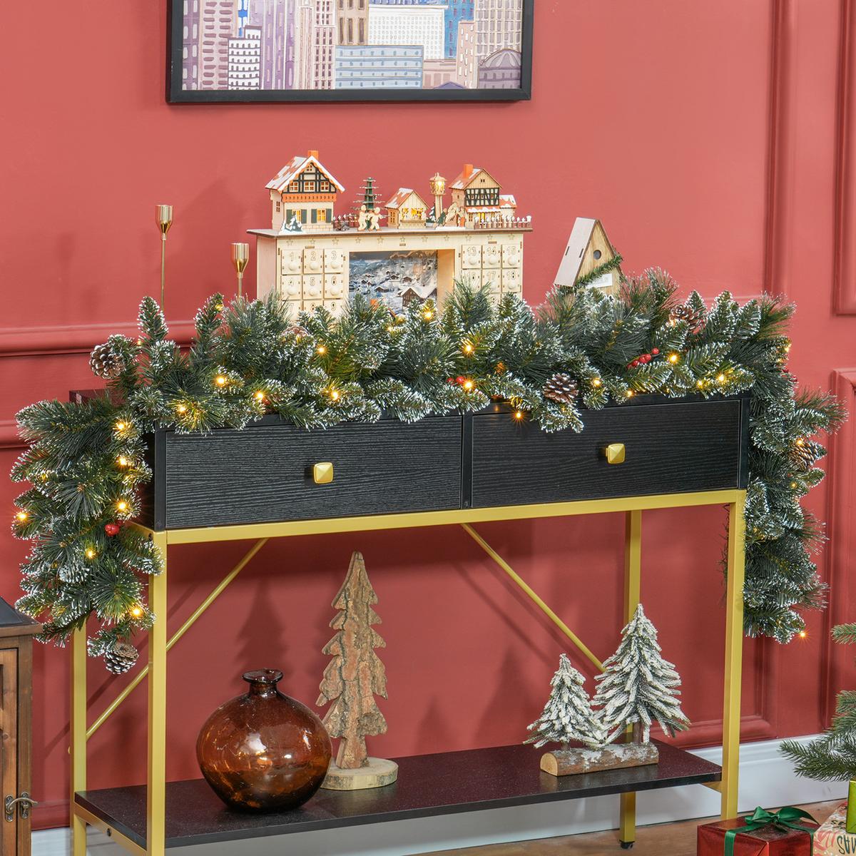 1,8 m künstliche Weihnachtsgirlande mit Lichterkette Blumendekoration Grün - Grün, Kunststoff (180cm) - HOMCOM