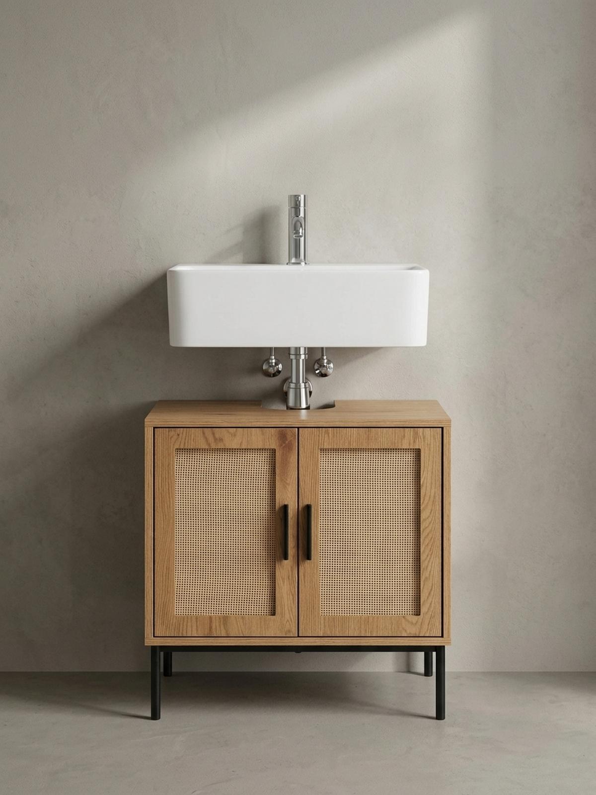 WASCHBECKENUNTERSCHRANK Eiche-Optik 60x60x40 cm mit Türen und Rattangeflecht - Schwarz/Braun, Holzwerkstoff/Metall (60/60/40cm) - KADIMA DESIGN