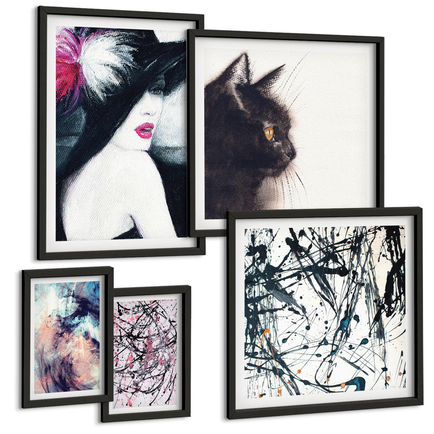 BILDER SET 5er Set - 50x50 cm & 20x30 cm & 40x60 cm Schwarzer Rahmen - Hintergrundmuster mit Pastellblumen - Schwarz, Kunststoff (40/60cm) - TULUP