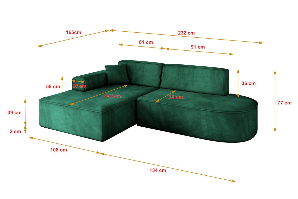 ECKSOFA Ottomane Links IREA-L1-v3 - 232x165x77 cm Grün - Dunkelgrün, Holzwerkstoff/Textil (232/165cm) - ALTDECOR