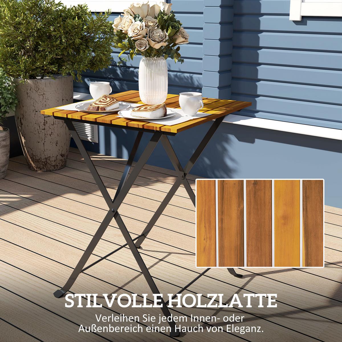 BISTROTISCH-MIT-2-STÜHLEN 3er Set Akazienholz Stahl Teak - Teakfarben, Metall - Outsunny