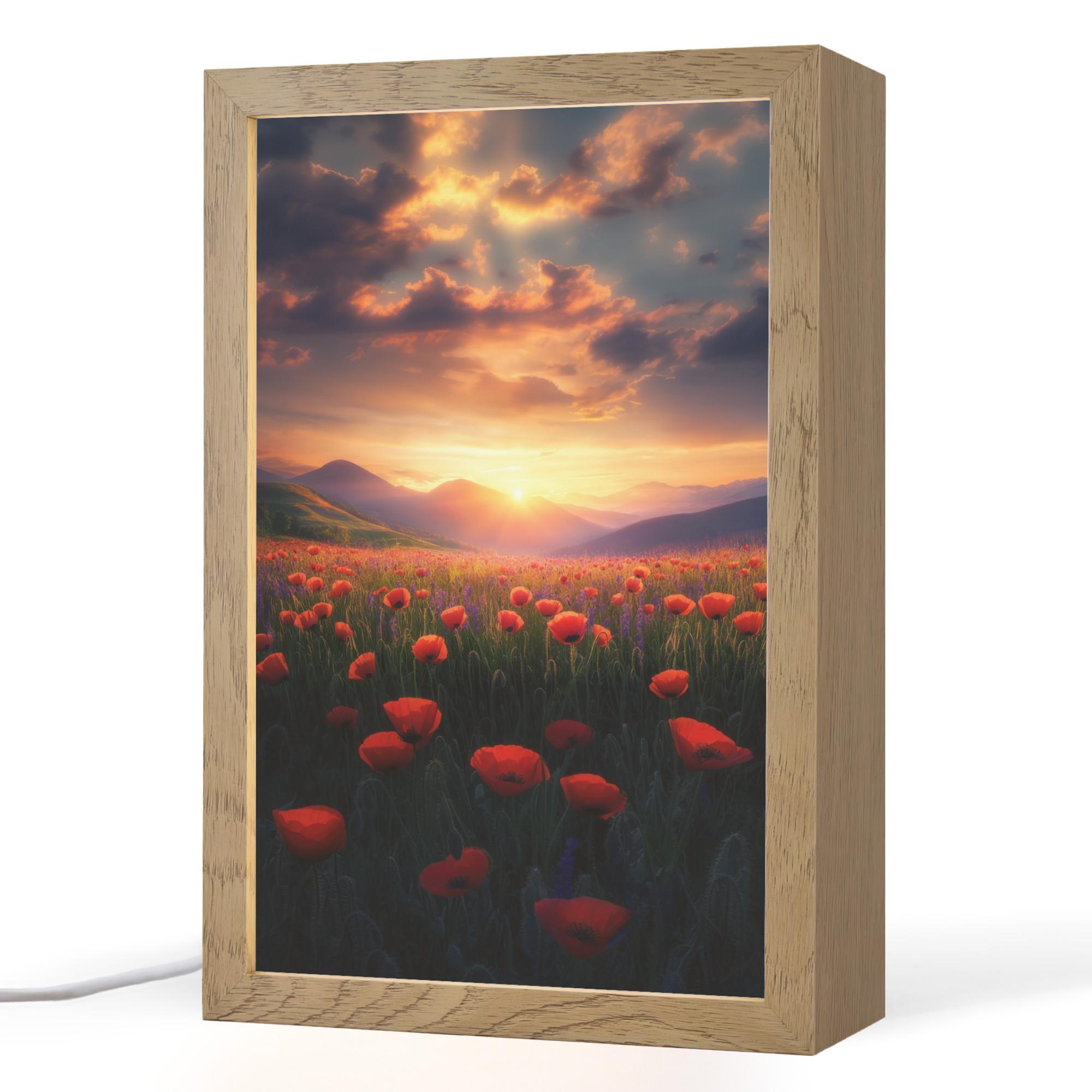 TISCHLEUCHTE Landschaft - Sonnenuntergang - Blumenfeld 20x30 cm - Dunkelblau, Holzwerkstoff (8/20/30cm) - OnlyWow