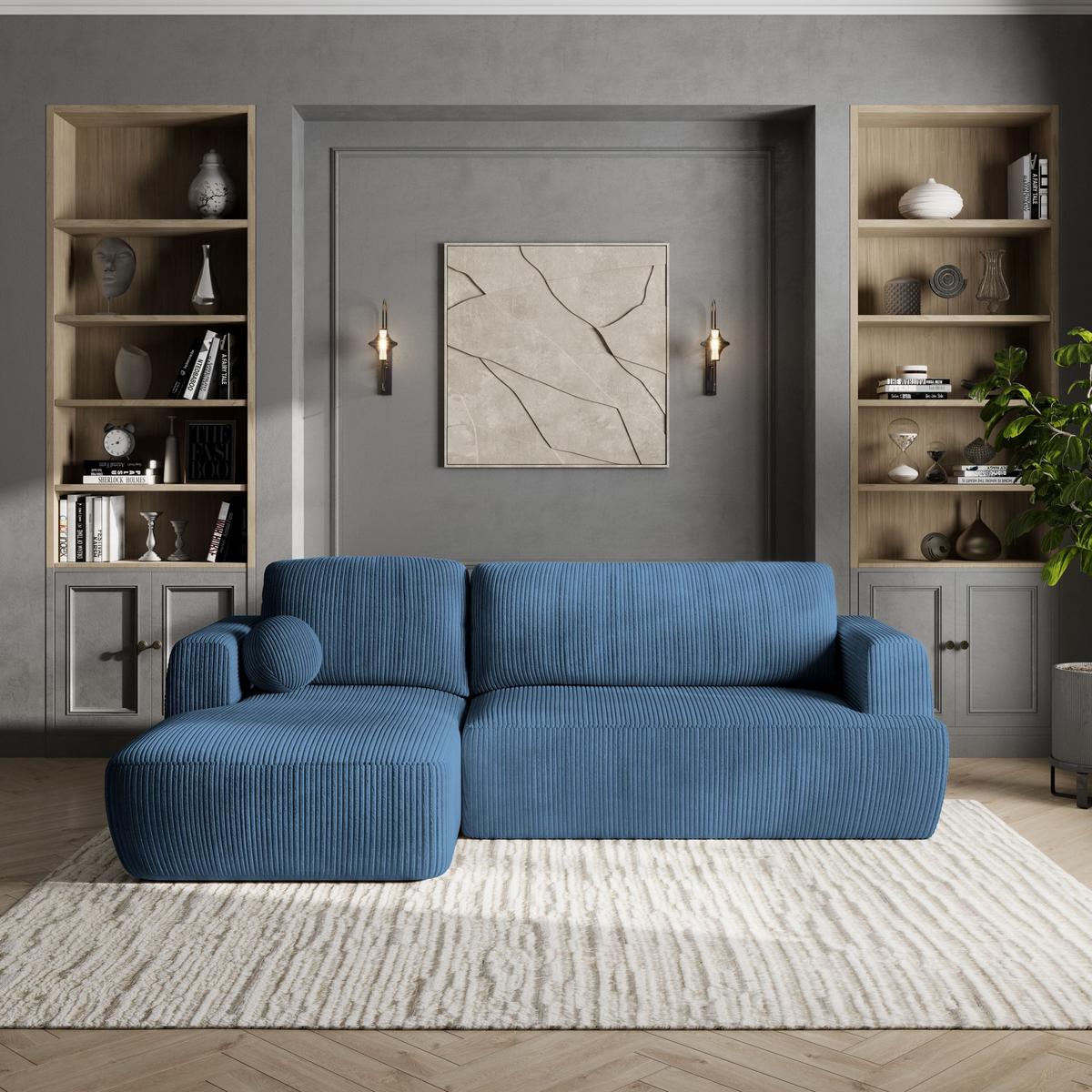 ECKSOFA SENTI P L-S Blau Kordstoff mit Schlaffunktion - Blau/Schwarz, Holz/Kunststoff (246/148cm) - MASSENO