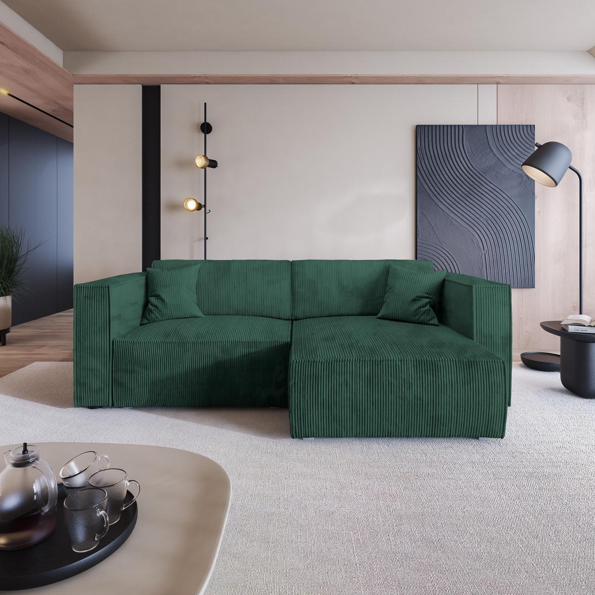ECKSOFA NERIO P Grün Kordstoff mit Schlaffunktion - Grau/Grün, Holz/Kunststoff (245/148cm) - MASSENO