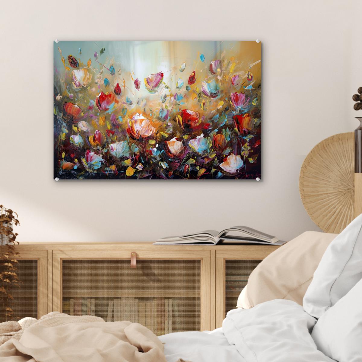 ACRYLGLASBILD Blumen - Kunst - Natur - Ölgemälde Wanddeko 60x40 cm - Multicolor, Glas (60/40cm) - MuchoWow