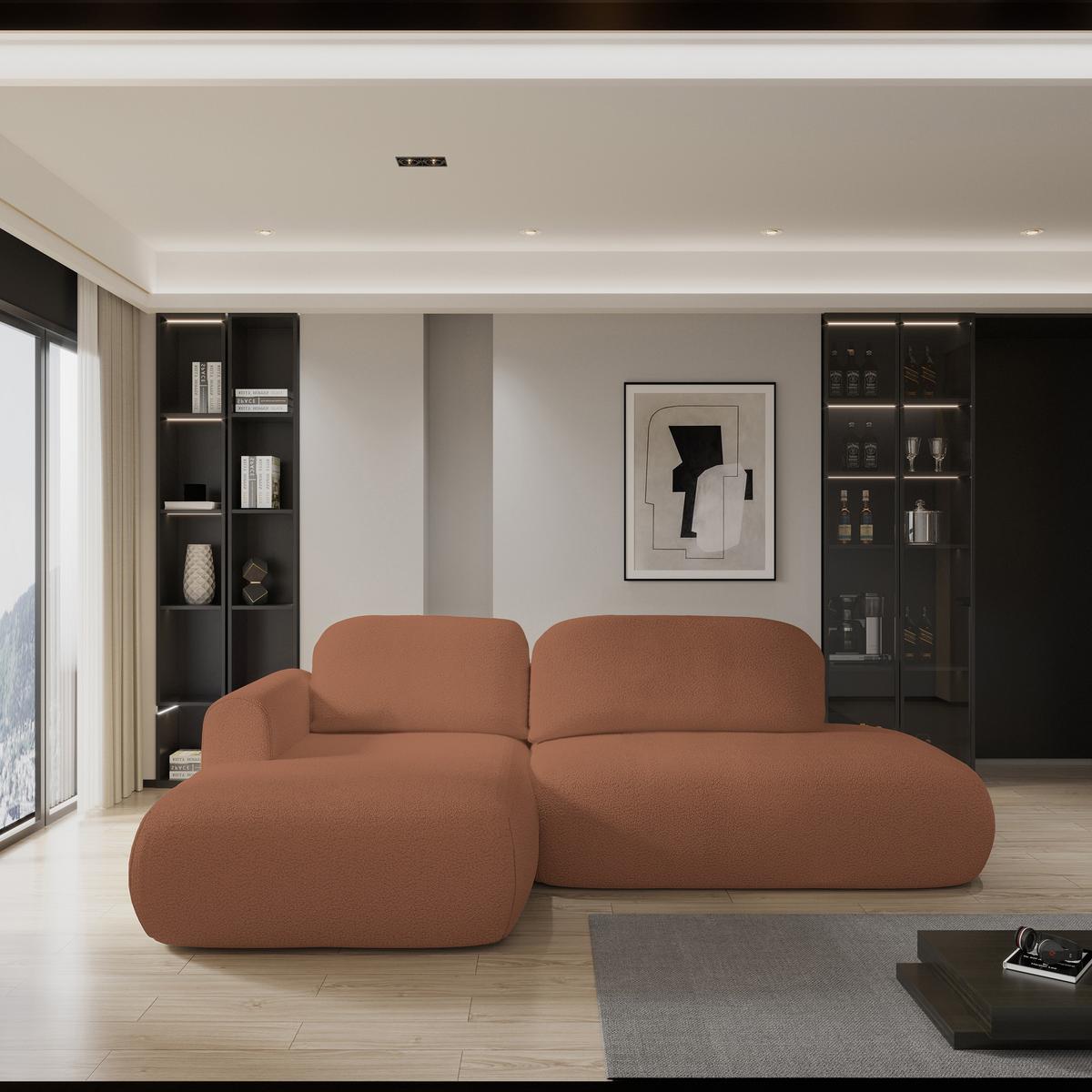 ECKSOFA NUVIRA L-S Kupferfarben Boucle-Stoff mit Schlaffunktion - Kupferfarben, Holz (279/158cm) - MASSENO
