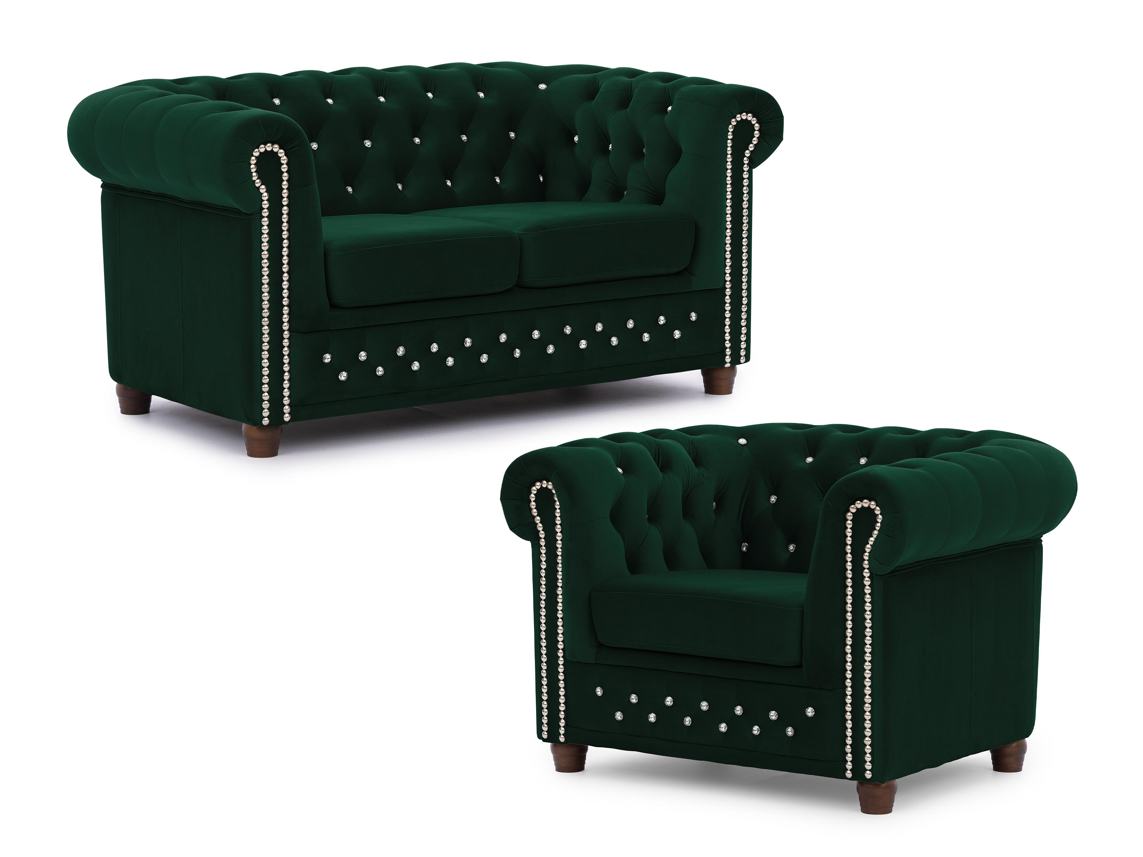 SITZGARNITUR 2+1 Chesterfield Cleo Blink Flasche Grün Samt mit Kristallsteppung und braunen Massivholzfüßen - Beige/Braun, Holz/Textil (148/72/86cm) - S-Style Möbel