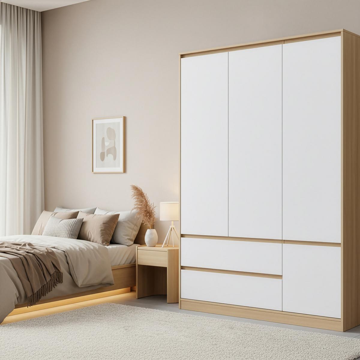 KLEIDERSCHRANK Bastheim - Eichefarben/Weiß, Holzwerkstoff (120/176/52cm) - [en.casa]