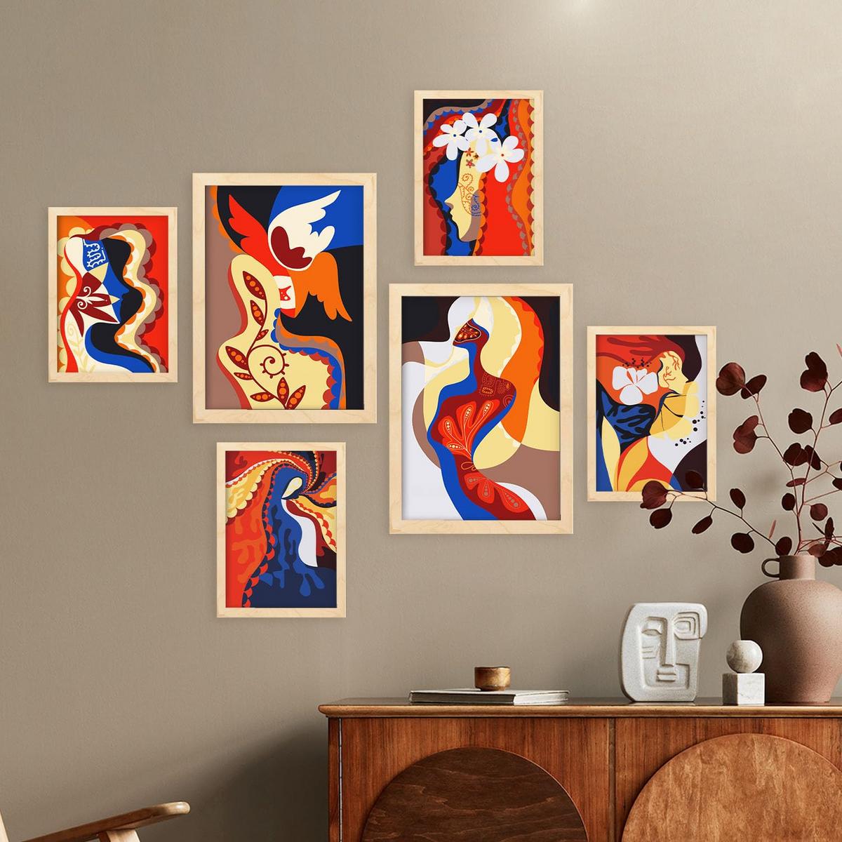 POSTER Set Mit 6 Begeisterte Meisterschaft In Weibliche Zusammenfassung Ästhetische Dekorative Gemälde Für Ihr Zuhause A3 & A4 Rahmen Aus Hellem Holz - Beige, Papier (29/3cm) - Nacnic