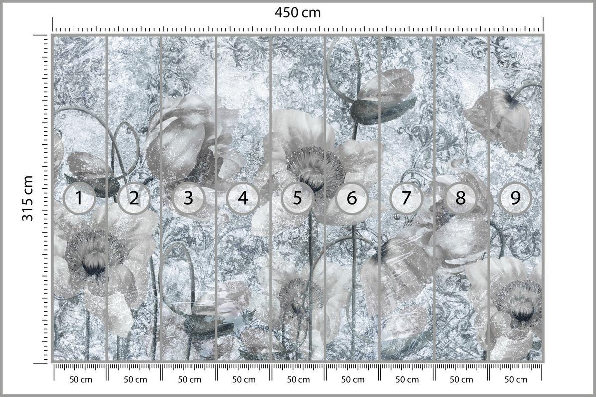 FOTOTAPETE für Wohnzimmer Grau Mohnblumen Beton Blumen Blätter 450x315 - Grau, Papier (450/315cm) - Muralo