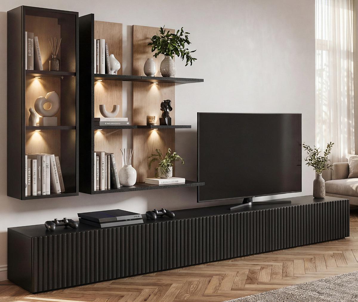 WOHNWAND Schwarz mit Vicking Eiche 300 cm, 6-teilig, inklusive LED und Push-to-Open-Funktion - Eichefarben/Schwarz, Holzwerkstoff (300/160/45cm) - Inn.Furn