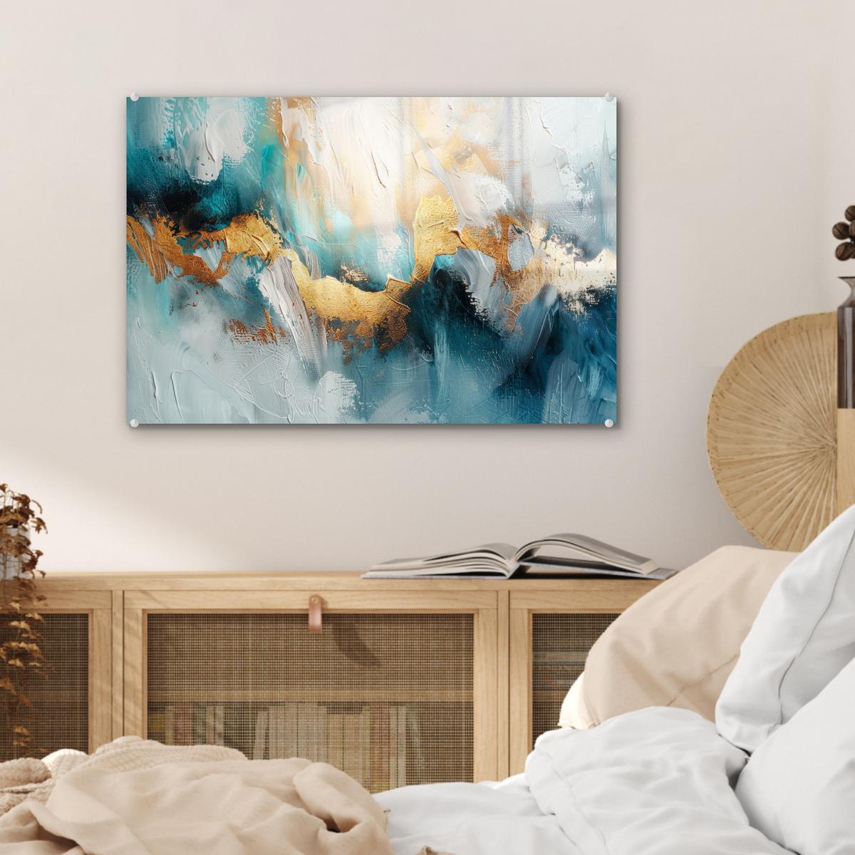 ACRYLGLASBILD Abstrakt - Kunst - Gold - Blau Wanddeko 60x40 cm - Petrol, Glas (60/40cm) - MuchoWow