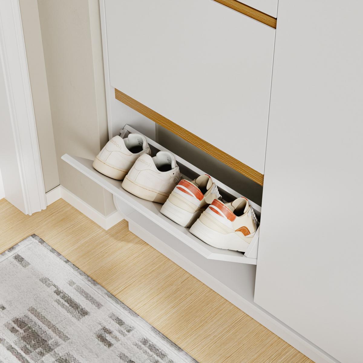 SCHUHSCHRANK mit Klappen und Steckdose FSR229-E-WN - Ahornfarben/Weiß, Holzwerkstoff/Fell (15/126/121cm) - SoBuy