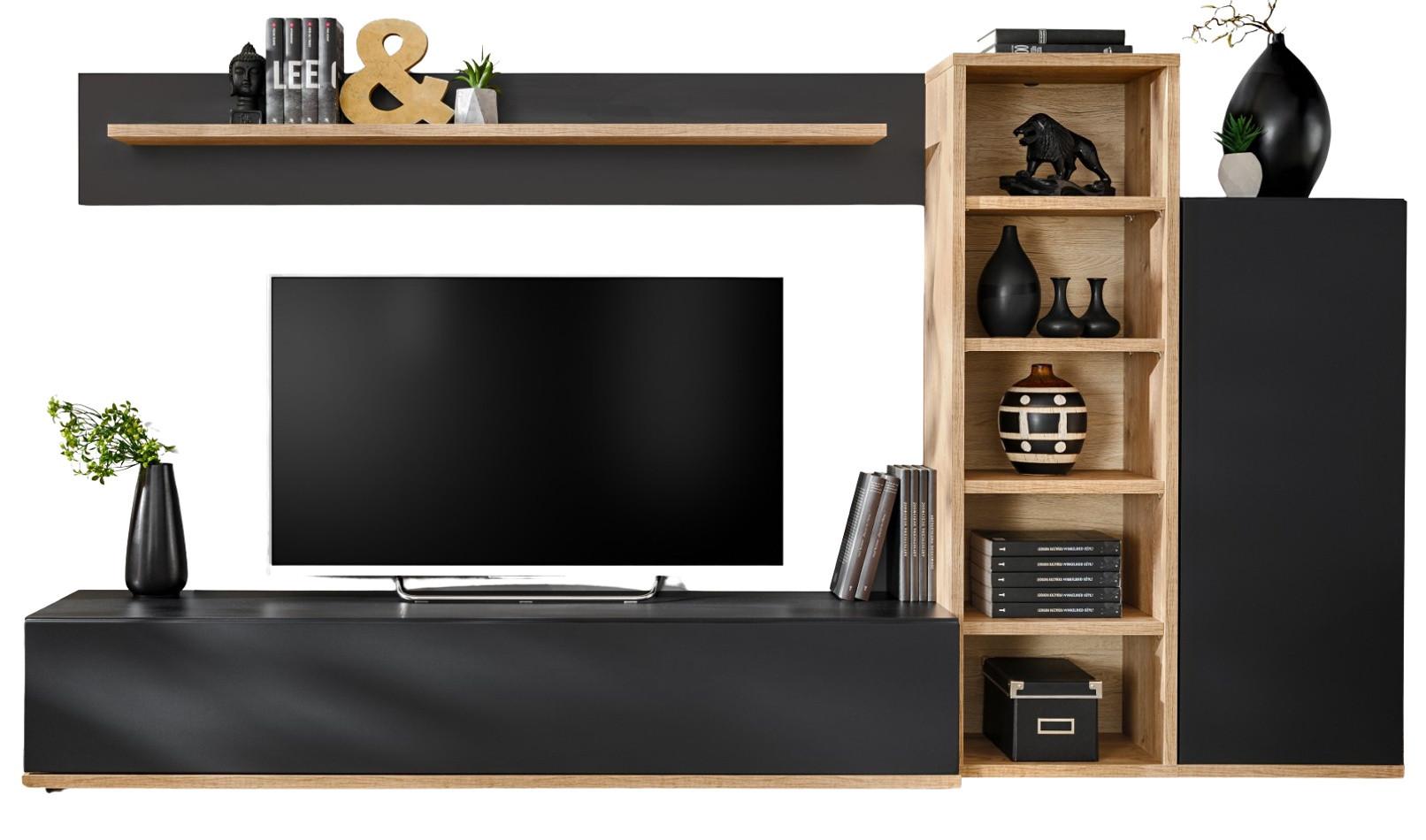 WOHNWAND schwarz, Ribbeck Eiche 240 cm, Schrankwand mit Push-to-Open - Eichefarben/Schwarz, Holzwerkstoff/Kunststoff (240/129/40cm) - Furn.Design