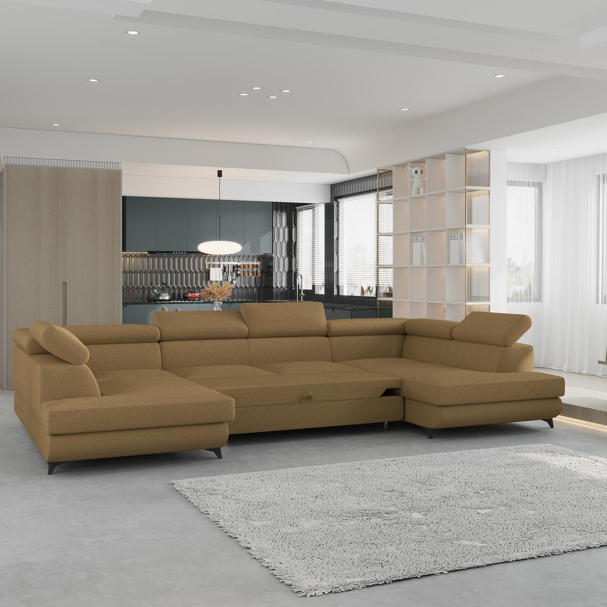 WOHNLANDSCHAFT VINTESSA Orange Boucle-Stoff mit Schlaffunktion - Orange, Holz (323/89/190cm) - MASSENO