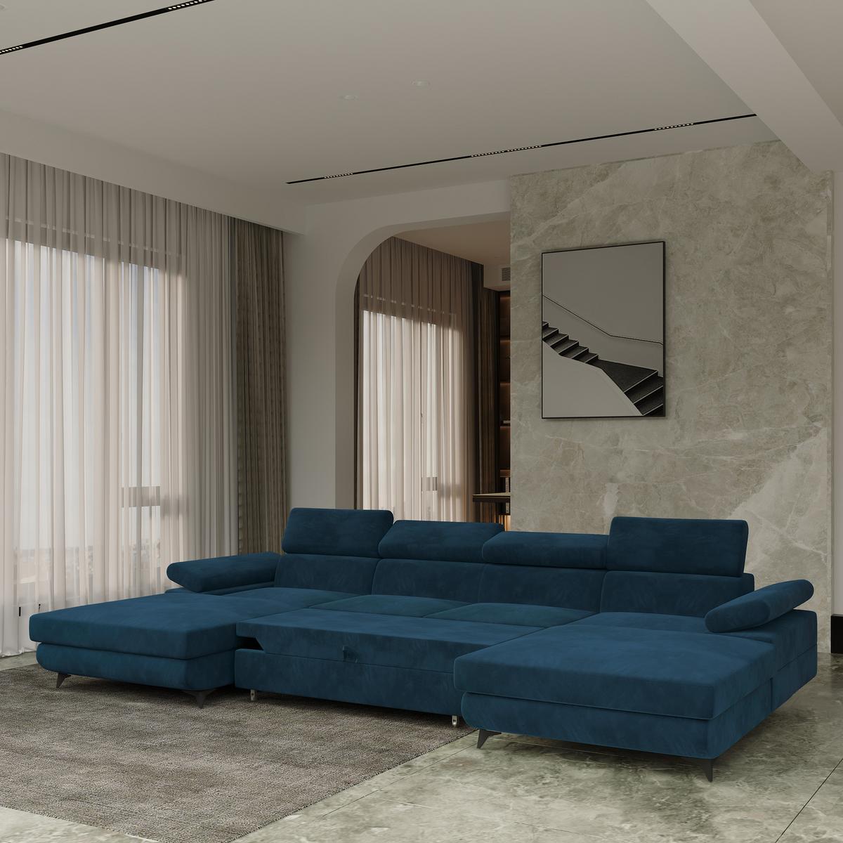 WOHNLANDSCHAFT DETTI Blau Velours-Stoff mit Schlaffunktion - Blau, Holz (339/89/190cm) - MASSENO