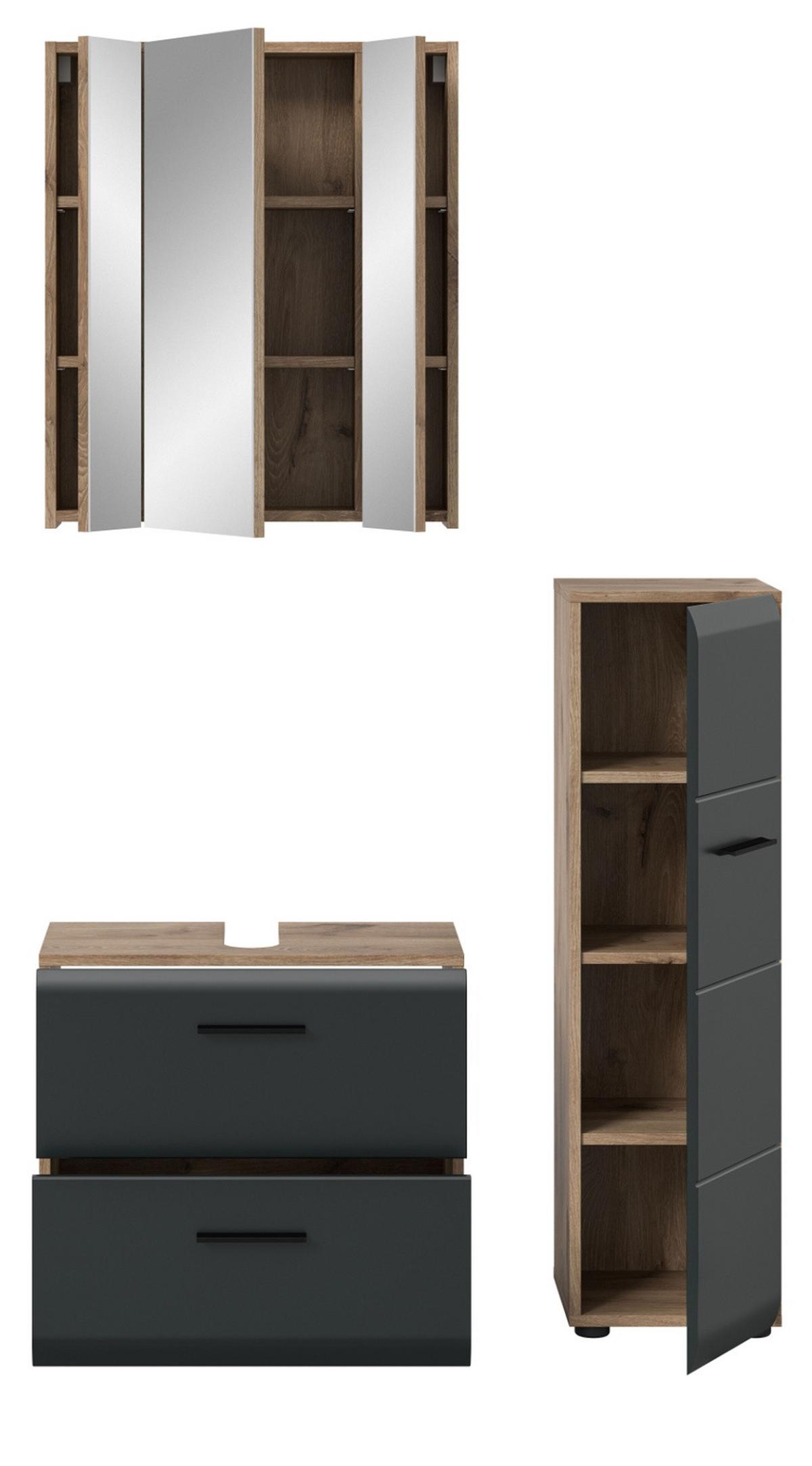 BADMÖBEL-SET 3-teilig Schwarz matt, Eiche Nox, Badezimmer mit viel Stauraum und Vollauszug Schubkästen 105 x 185 cm - Eichefarben/Schwarz, Glas/Holzwerkstoff (105/185/30cm) - Inn.Furn