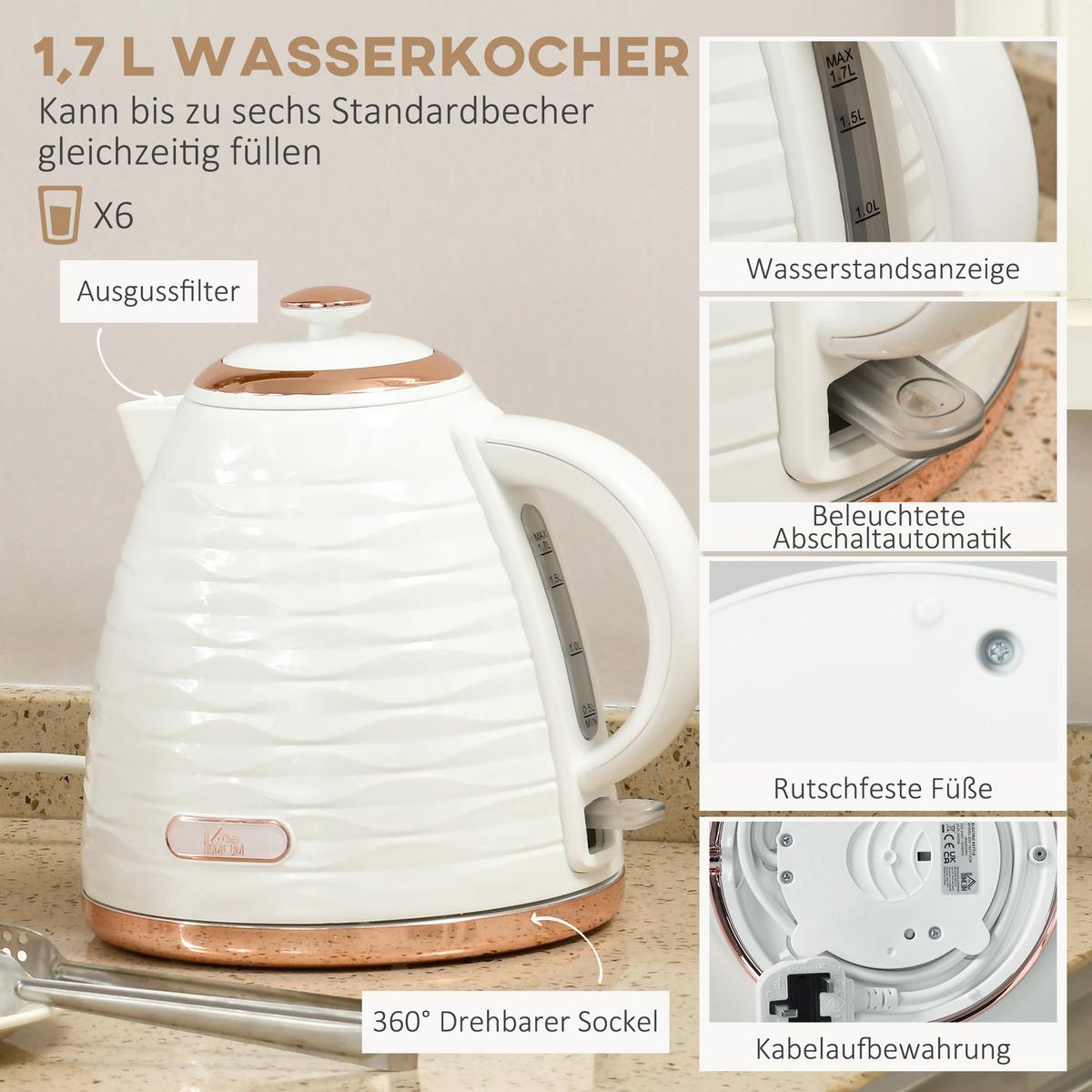 WASSERKOCHER-TOASTER-SET mit 1,7 L Wasserkocher 4 Scheiben-Toaster Cremeweiß - Creme, Kunststoff (19.5/23.2/24.1cm) - HOMCOM