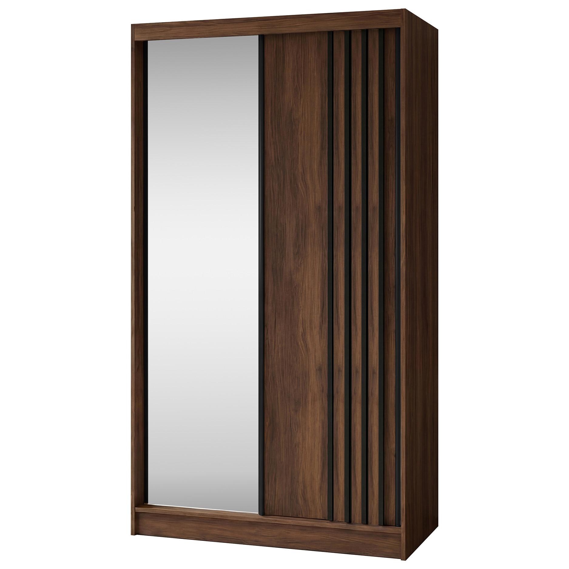 SCHWEBETÜRENSCHRANK Nela II mit Schubladen und Spiegel 120/216/61 Walnuss+Schwarz - Walnussfarben, Holzwerkstoff (120/216/61cm) - Beautysofa
