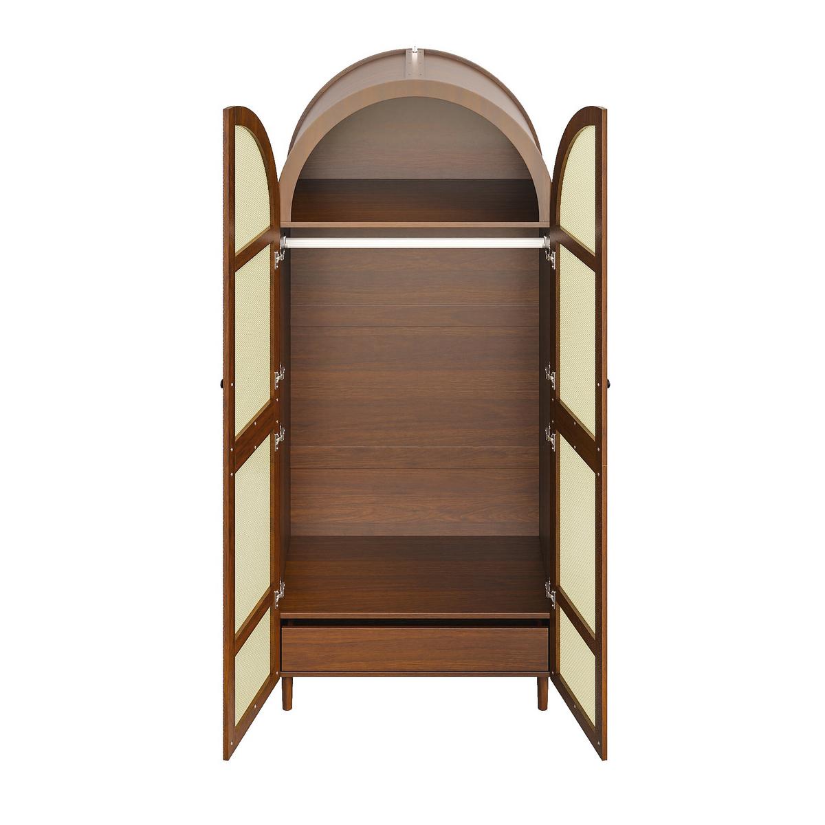 KLEIDERSCHRANK Nussbaum Rattan Gebogene Türen Kleiderstange & Schublade - Walnussfarben, Holzwerkstoff (80/179/50cm) - Urban Meuble