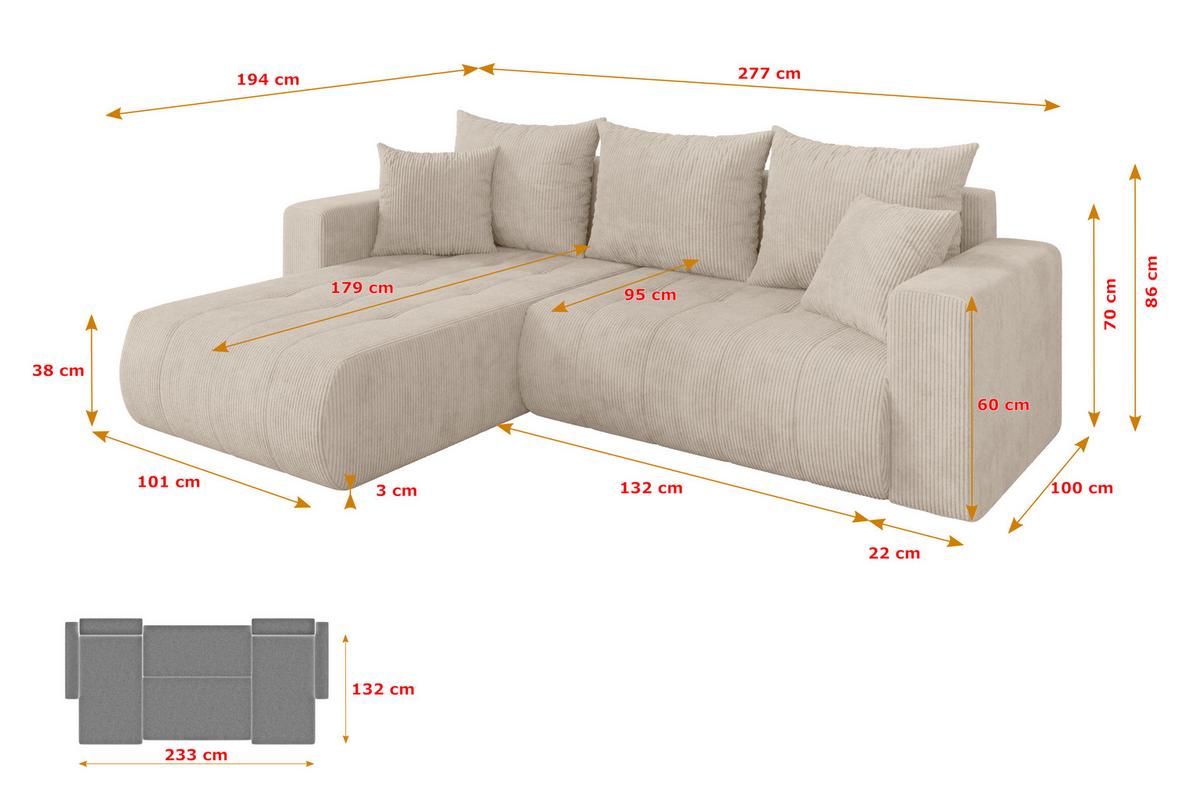 ECKSOFA mit Schlaffunktion Ottomane Links MILA-L 277x194x86 Beige Cord - Beige/Schwarz, Holzwerkstoff/Kunststoff (277/194cm) - ALTDECOR
