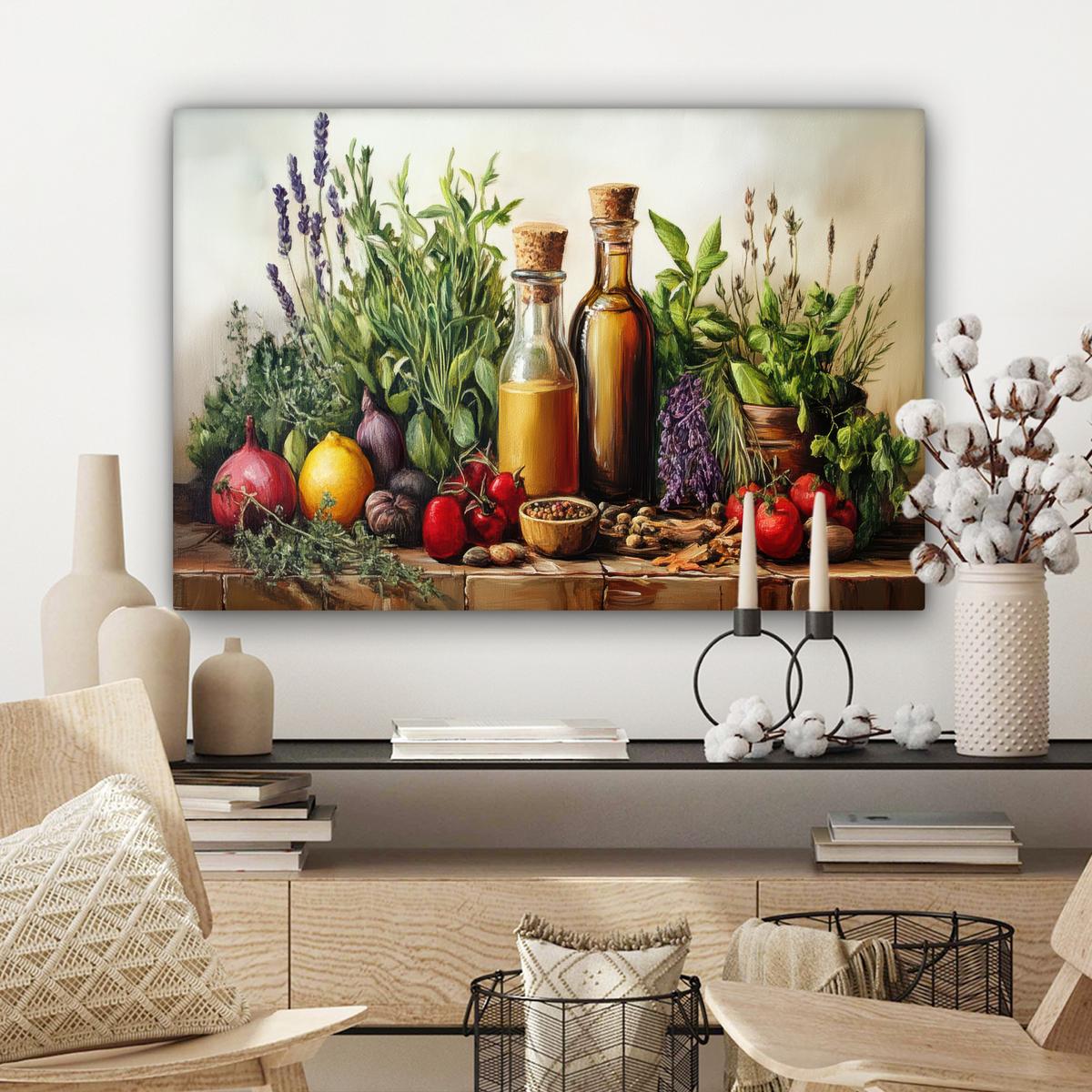 LEINWANDBILD Stilleben - Kräuter - Gewürze - Früchte - Farbenfroh Wanddeko 90x60 cm - Grün, Textil (90/60cm) - MuchoWow