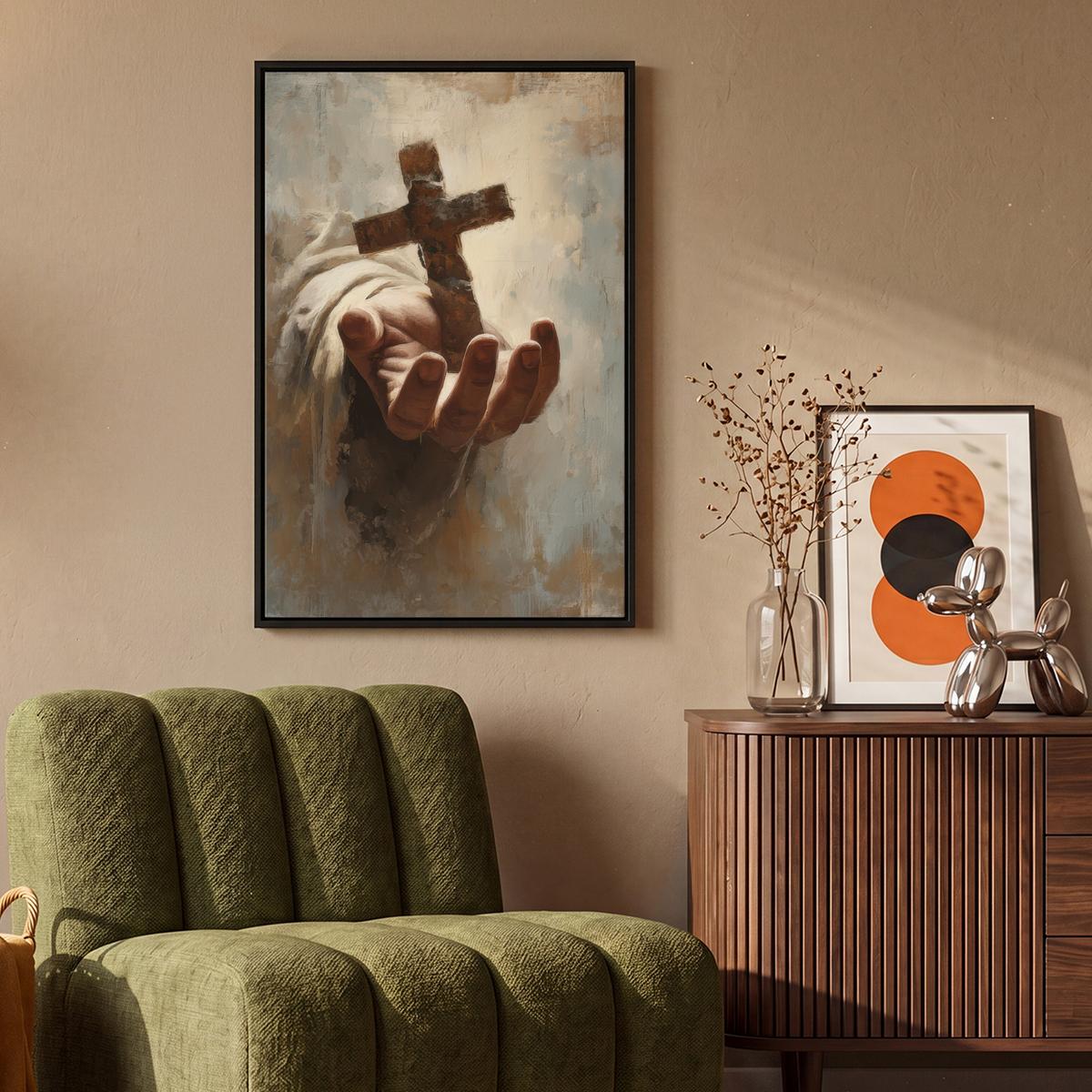 LEINWAND Bilder mit Rahmen - Abstrakt - Kreuz - Hand - Christentum - 60x90 - Hellbraun, Textil (60/90cm) - MuchoWow