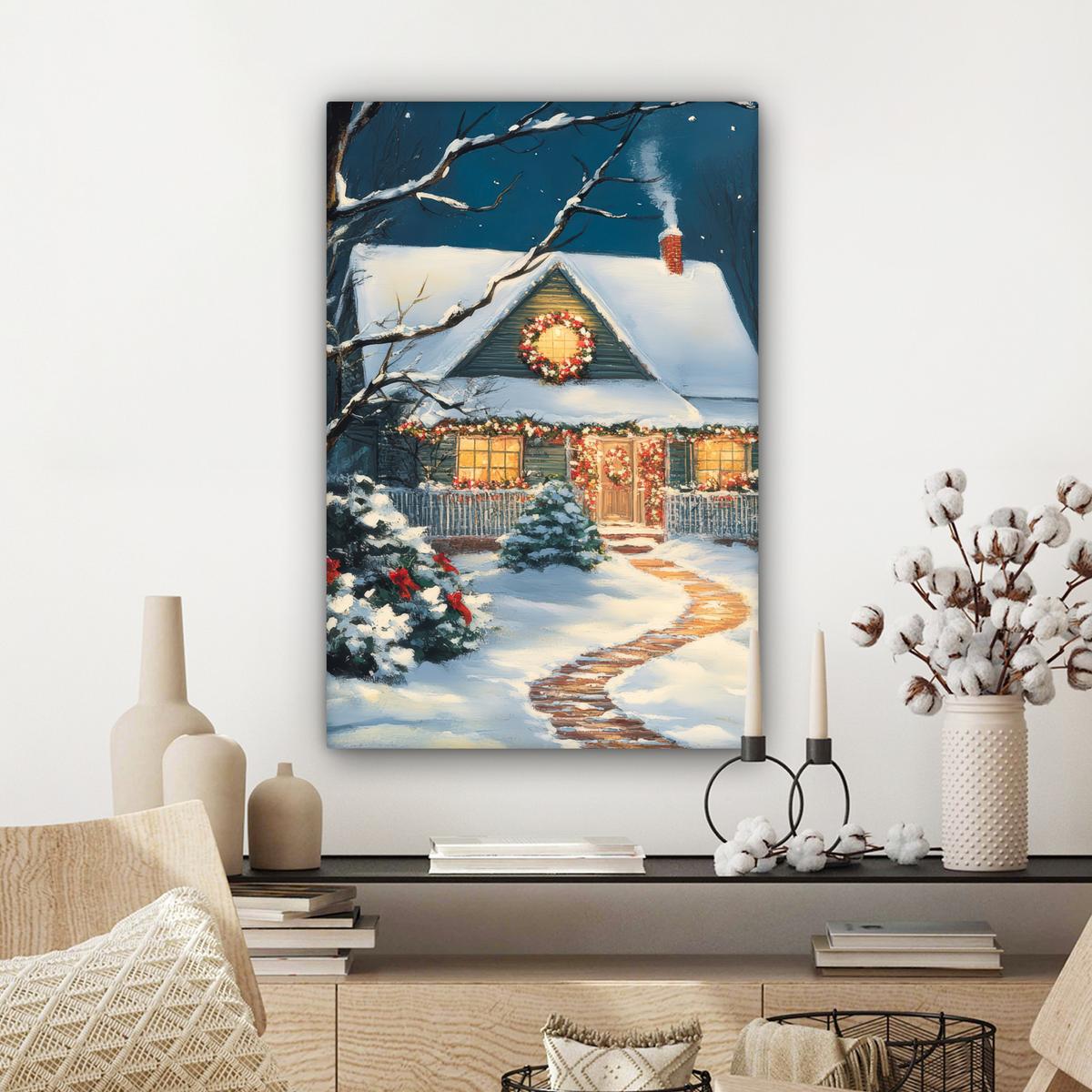 LEINWANDBILD Weihnachten - Weihnachtsbaum - Winter - Zuhause - Schnee Wanddeko 40x60 cm - Smaragdgrün, Textil (40/60cm) - MuchoWow