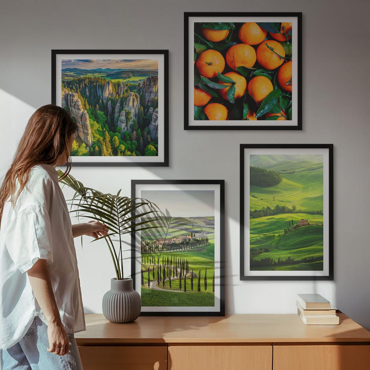 BILDER SET 4er Set - 50x50 cm & 40x60 cm Schwarzer Rahmen - Italienische Landschaft Orangen Natur - Schwarz, Kunststoff (50/50cm) - TULUP