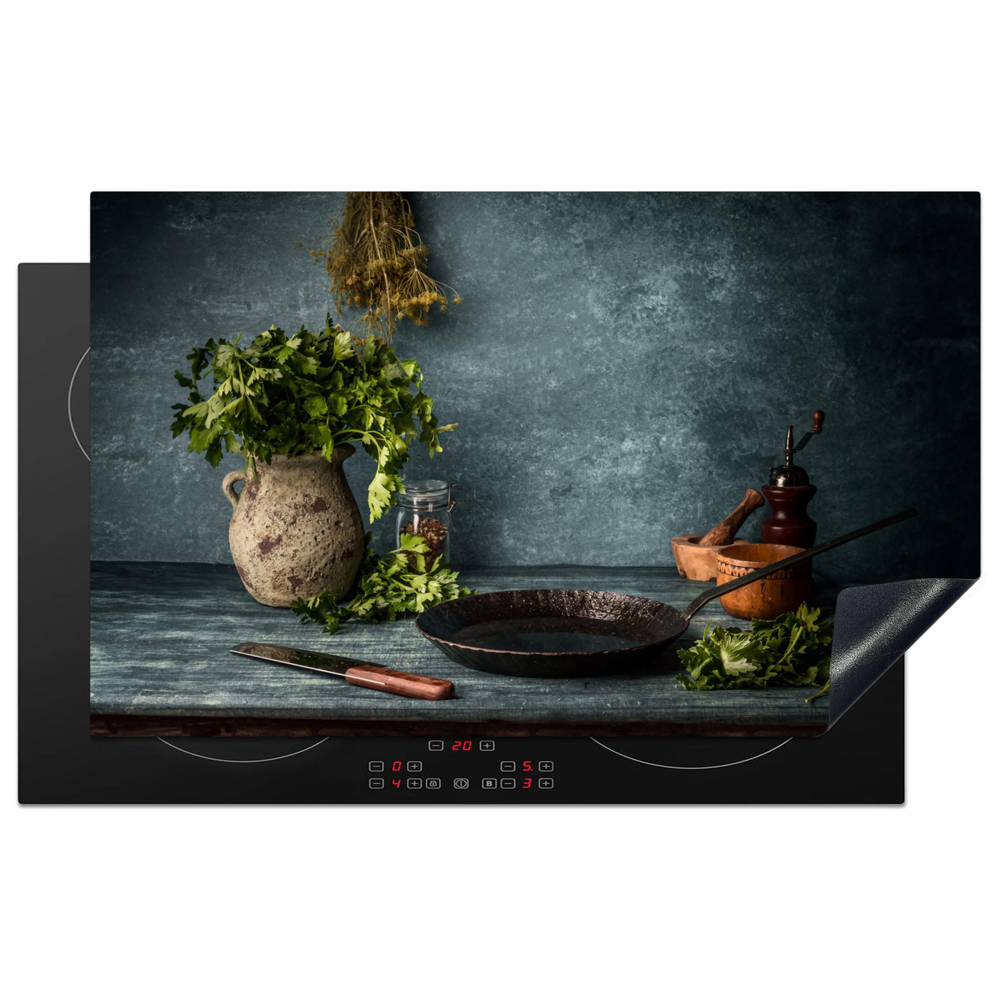 HERDABDECKPLATTE Kräuter - Gewürze - Pfanne - Messer - Grau - Rustikal Ceranfeldabdeckung 85x52 cm - Petrol, Kunststoff (85/52/0.2cm) - MuchoWow