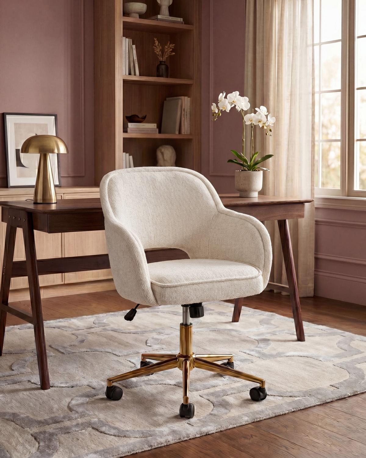 SCHREIBTISCHSTUHL Chenillegewebe Cremeweiß Ember - Creme, Textil (60/81/60cm) - Beliani