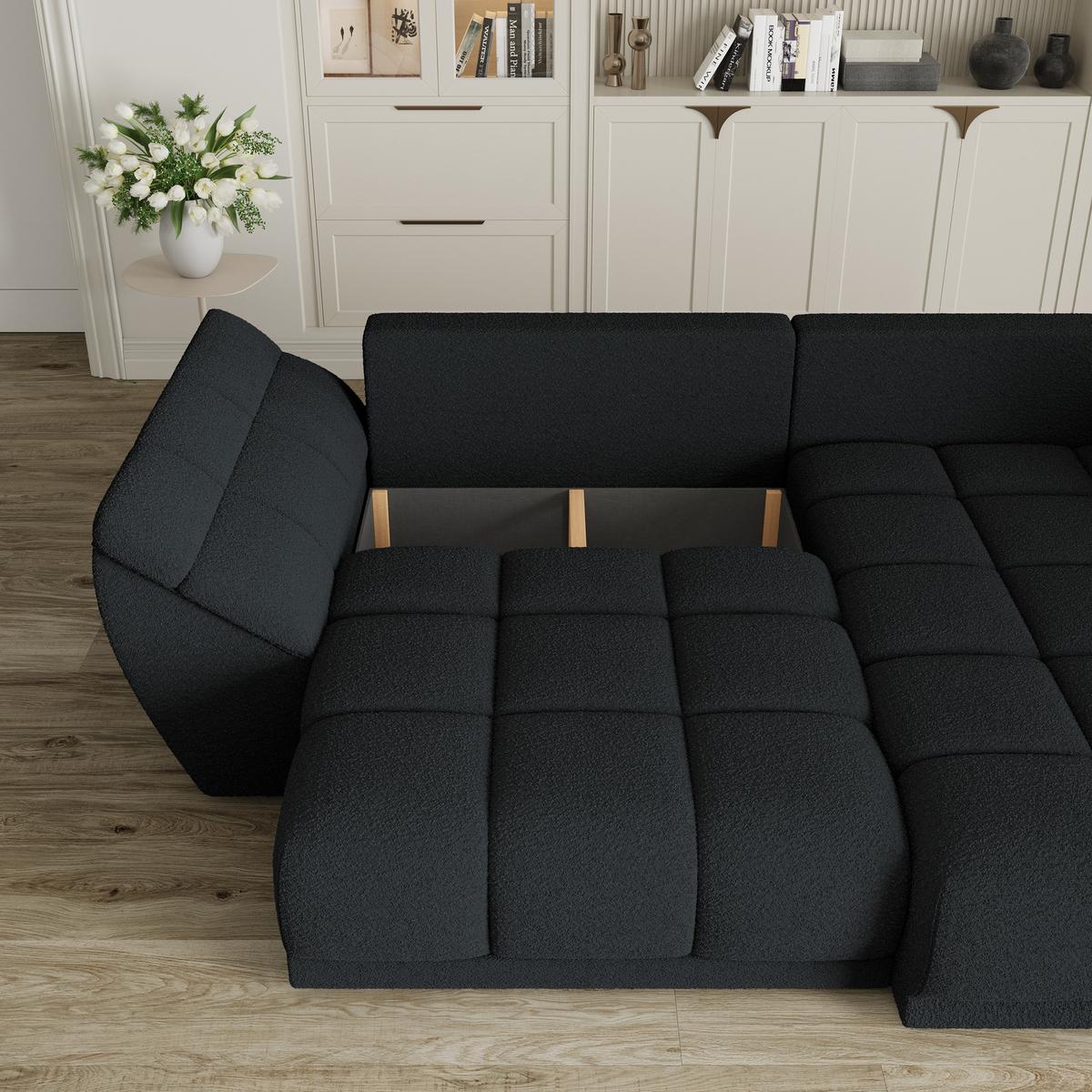 ECKSOFA ORENTI R-S Schwarz Boucle-Stoff mit Schlaffunktion - Schwarz, Holz (287/182cm) - MASSENO