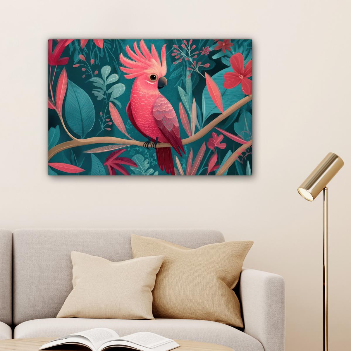 LEINWANDBILD Kakadu - Tropische Blätter - Zweig Gemälde 60x40 cm - Petrol, Textil (60/40cm) - MuchoWow