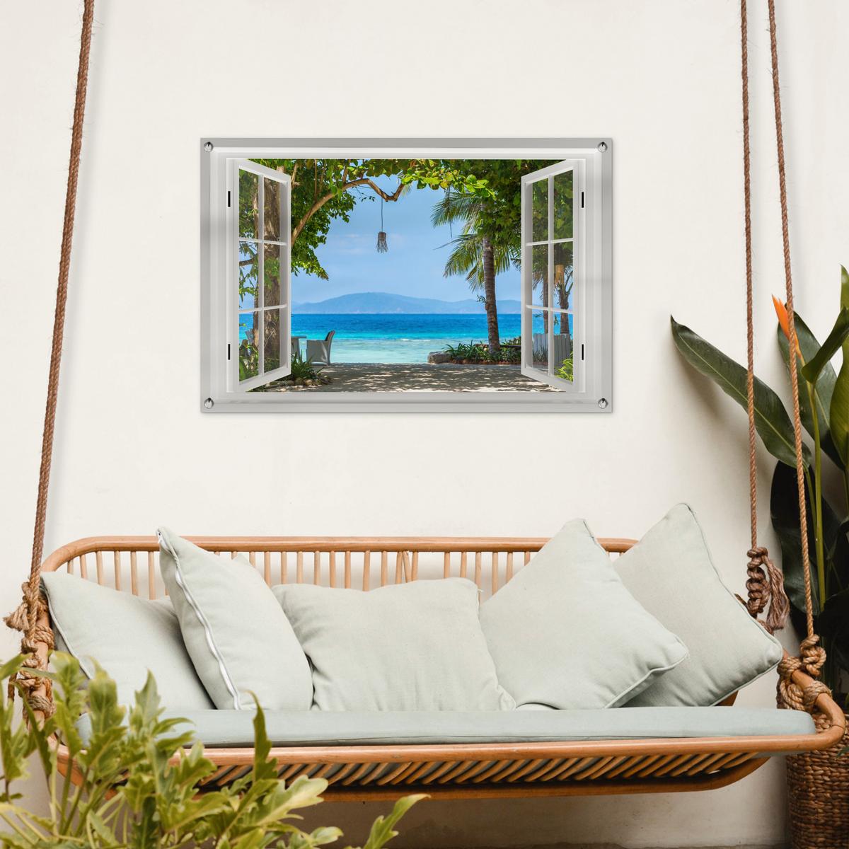 GARTENPOSTER Aussicht - Baum - Meer - Palme - Hügel - Strand - Blau Gartendeko 90x60 cm - Weiß, Kunststoff (90/60/0.2cm) - OnlyWow