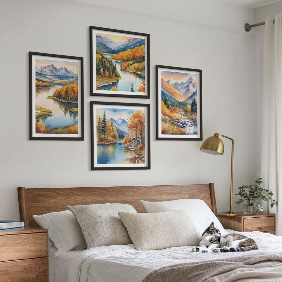 BILDER SET 4er Set - 50x50 cm & 40x60 cm Schwarzer Rahmen - Bergblick, Fluss, Herbst - Schwarz, Kunststoff (50/50cm) - TULUP