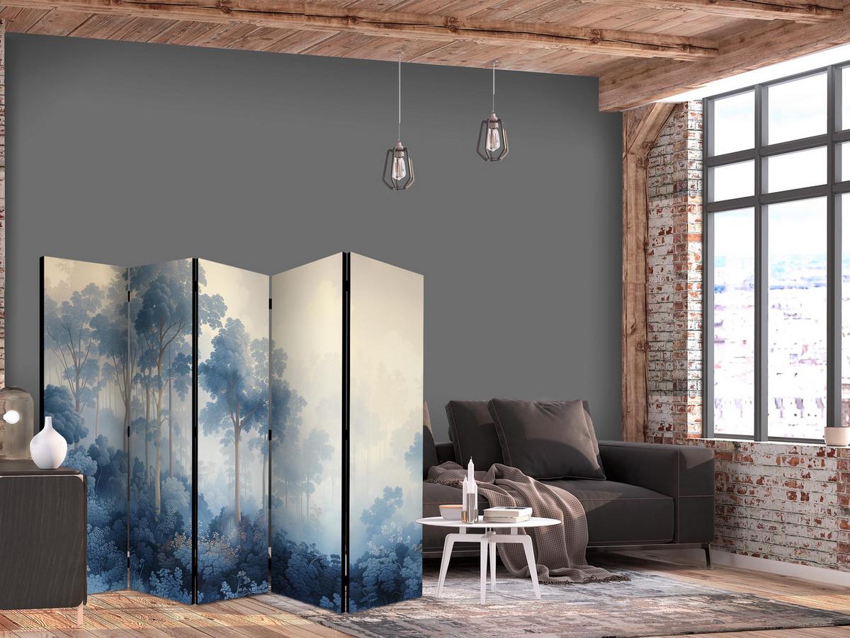PARAVENT 5-tlg 225x172 cm Blauer Wald im Nebel - Blau, Holz/Textil (225/172/3cm) - Muralo