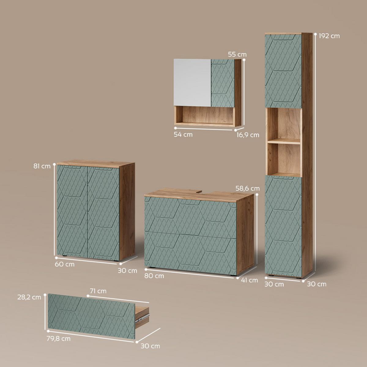 BADMÖBEL-SET Ronco Grün/Goldkraft Eiche 4 Teile, mit Schubladenschrank und Midischrank - Honigeiche/Grün, Holzwerkstoff (80/58/41cm) - Livinity®