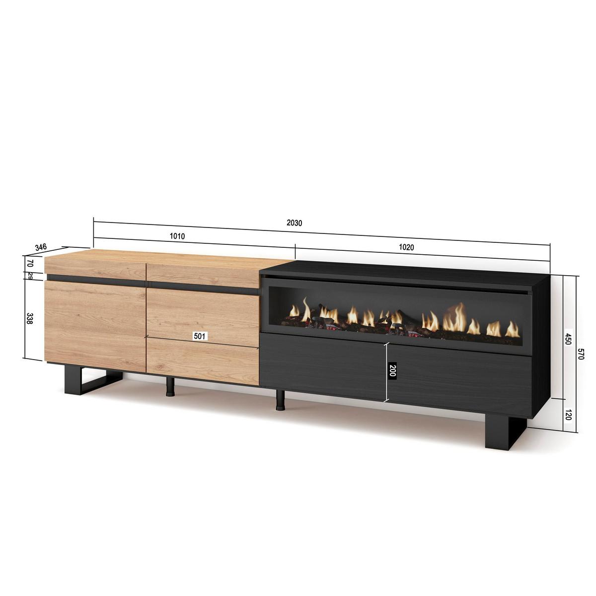 LOWBOARD, mit Elektrokamin, Eiche, Schwarz, 200/35/57cm - Eichefarben/Schwarz, Holzwerkstoff (200/57/35cm) - Skraut Home