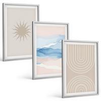 BILDER SET 3er Set - 40x60 cm Silberner Rahmen - Sonnenwellen abstrakte Linien Pastell - Silberfarben, Kunststoff (40/60cm) - TULUP