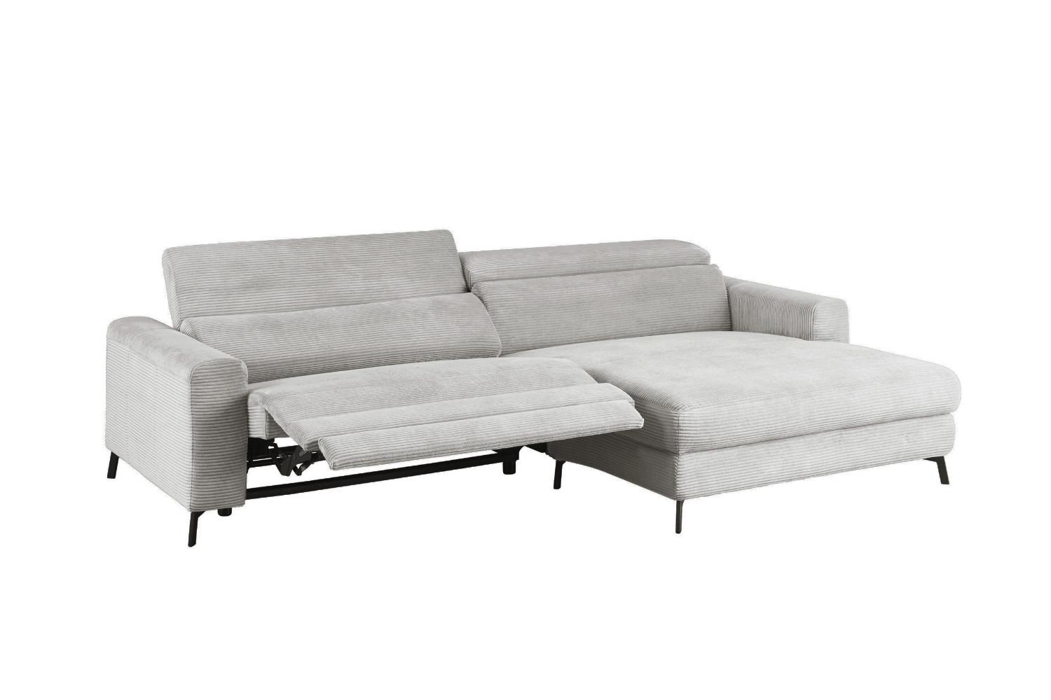 ECKSOFA LAISKA Hellgrau Cord Relaxfunktion - Hellgrau/Schwarz, Textil/Metall (282/177cm) - KAWOLA