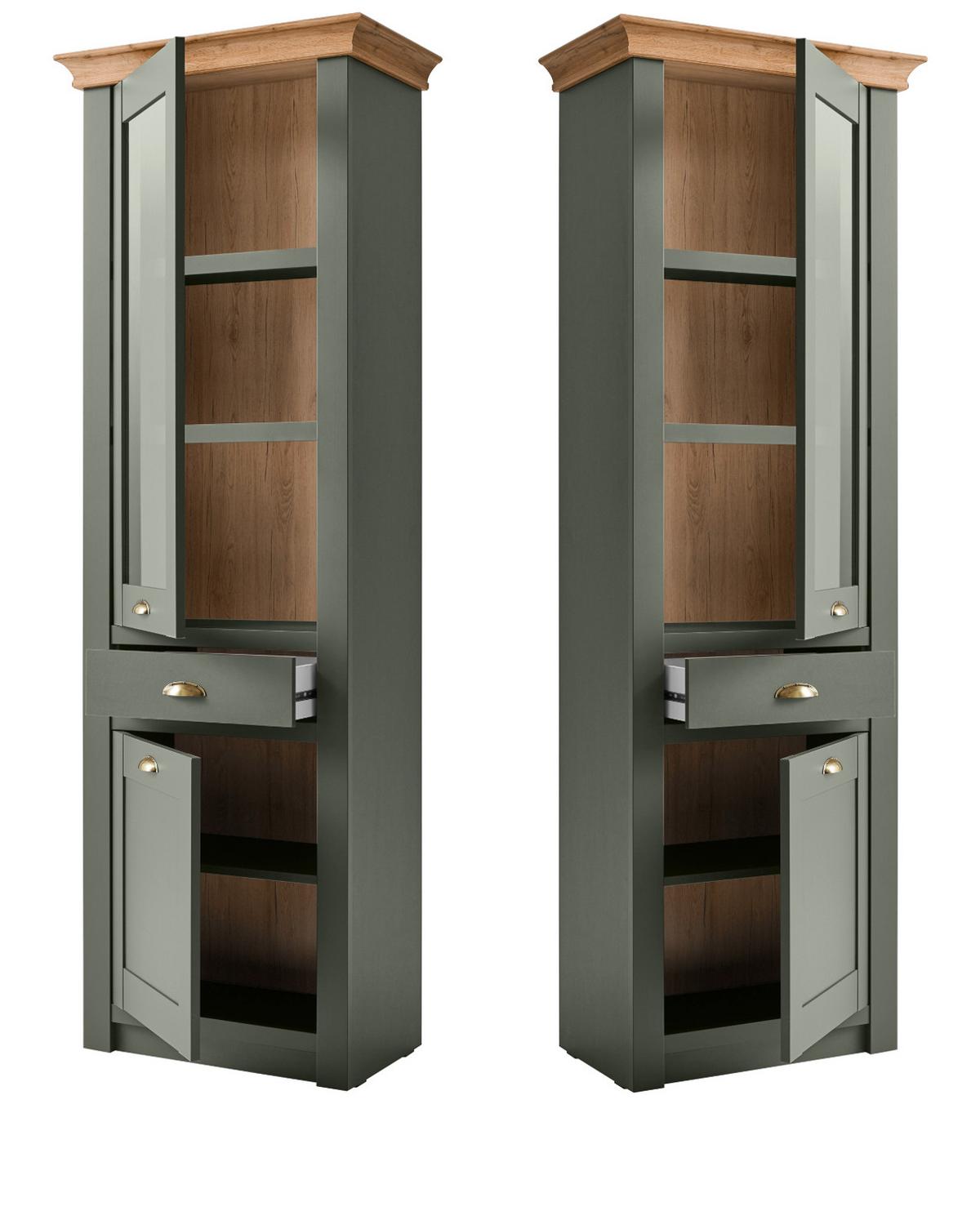 VITRINE grün, Wotan Eiche 68 x 207 cm, Vitrinenschrank im Landhaus-Stil - Dunkelgrün/Messingfarben, Glas/Holzwerkstoff (68/207/45cm) - Furn.Design