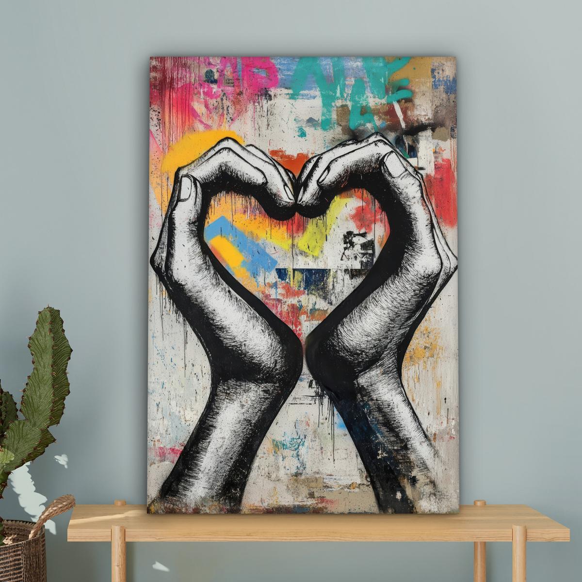 LEINWANDBILD Hände - Herz - Straßenkunst - Graffiti Wanddeko 40x60 cm - Multicolor, Textil (40/60cm) - MuchoWow