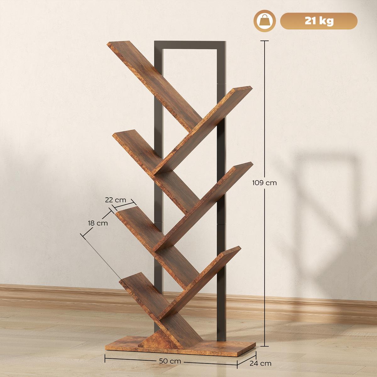 BÜCHERREGAL Standregal mit 7 Ebenen Schmal Regal im Baumform Rustikal Braun - Rostfarben/Schwarz, Holzwerkstoff/Metall (24/109/50cm) - HOMCOM