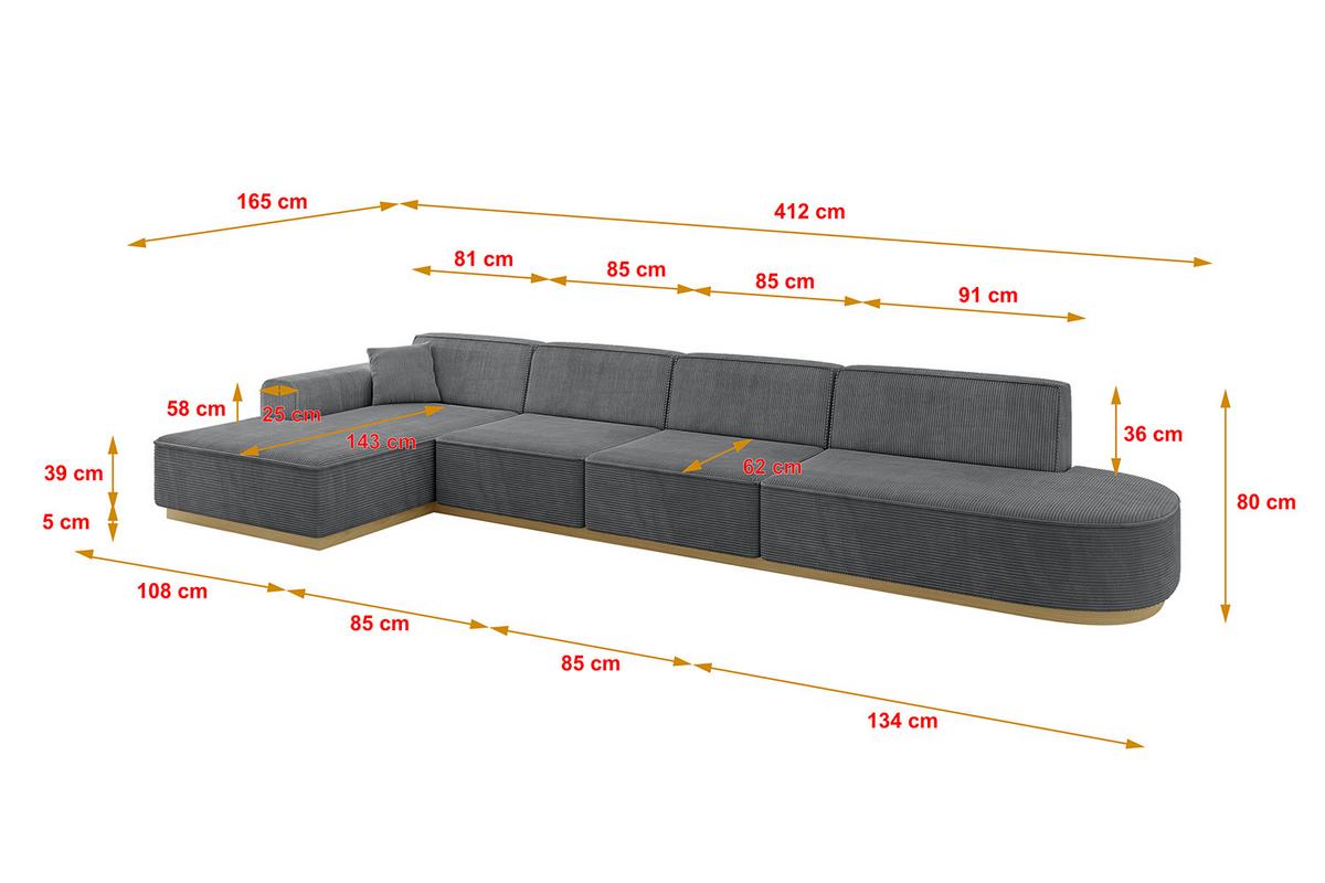 ECKSOFA Ottomane Links IREA-L3-v2 - 412x165x80 cm Duneklgrau - Dunkelgrau, Holzwerkstoff/Textil (412/165cm) - ALTDECOR