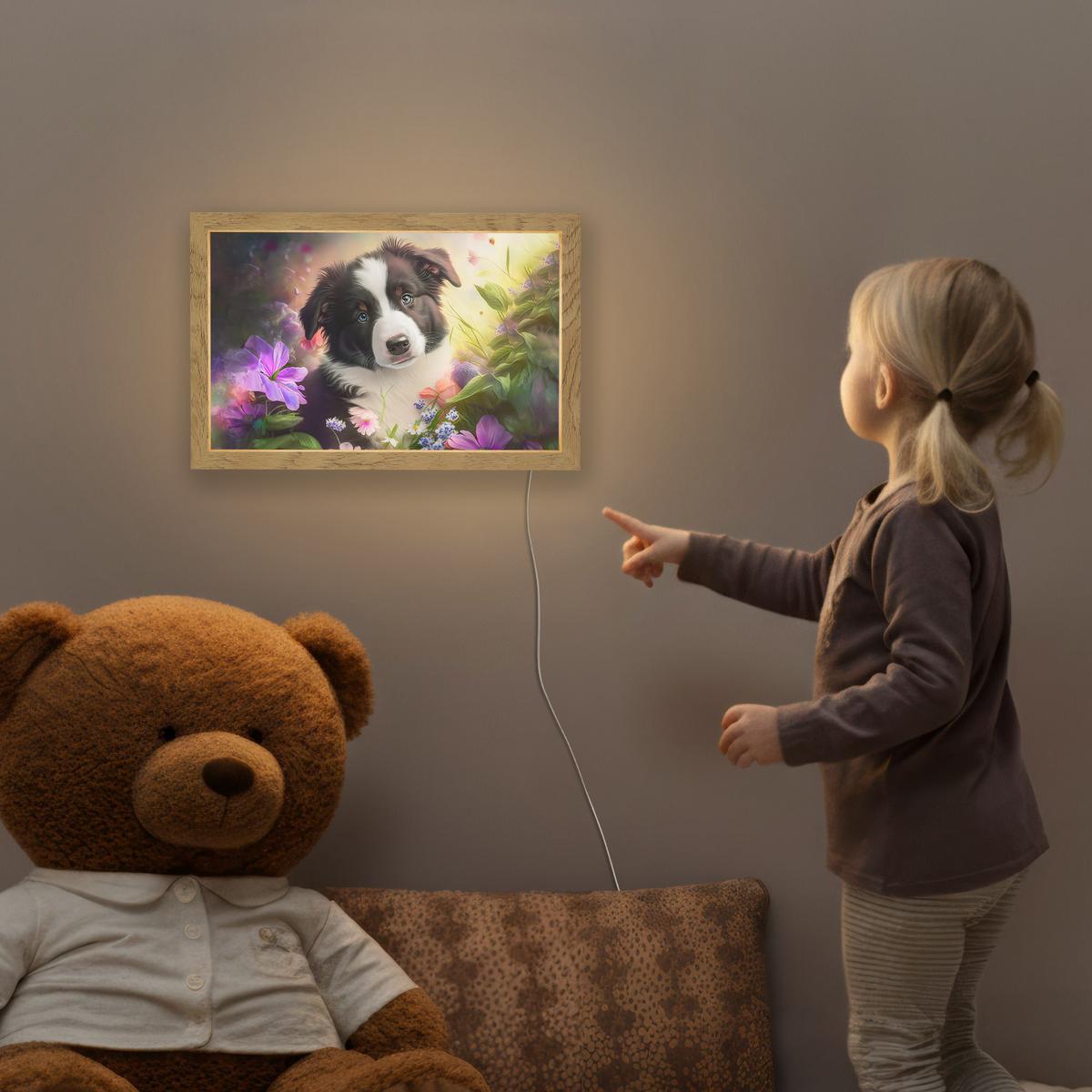 NACHTTISCHLAMPE Welpe - Sonne - Blumen - Natur - Border Collie - Hund 30x20 cm - Violett, Holzwerkstoff (8/30/20cm) - OnlyWow