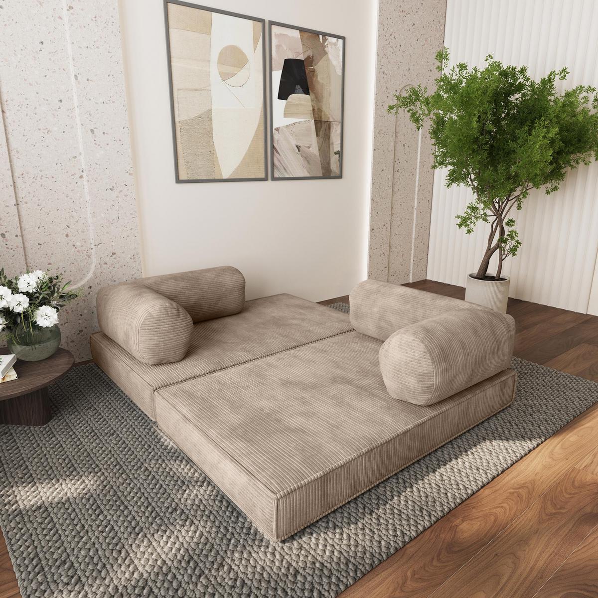 ECKSOFA ETERA modulares Boneless Sofa mit Schlaffunktion Beige Cordstoff - Beige, Textil (270/160cm) - MASSENO