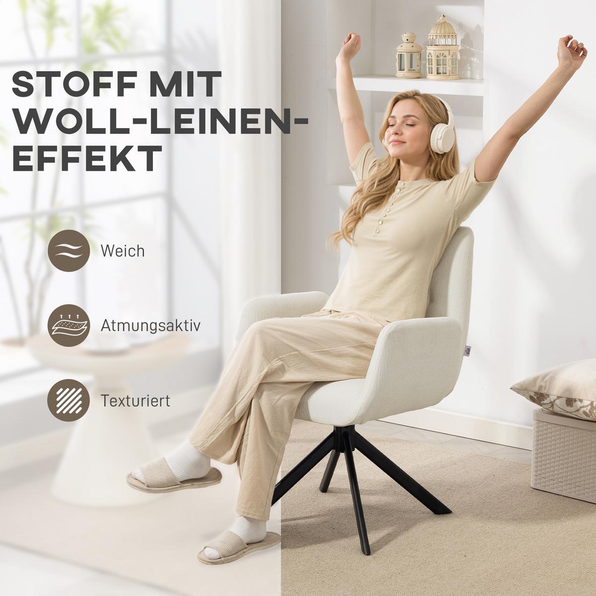 SESSEL Drehbar Loungesessel mit Armlehne Wolle-Leinenoptik Cremeweiß - Creme/Schwarz, Textil/Metall (61/88/60cm) - HOMCOM